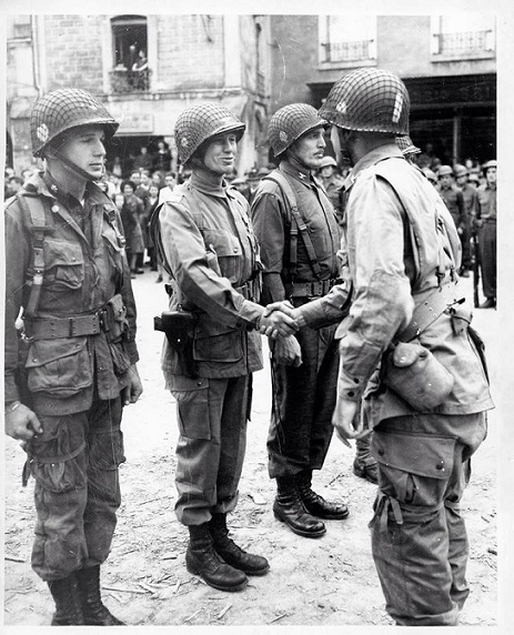 Colonel' ceremony, June 15th 44, Place de la république in Carentan, Regimental commanders- Michaelis (502nd CO), Johnson (501st CO), Sink (506th CO), Taylor (101st AD CO)..jpg